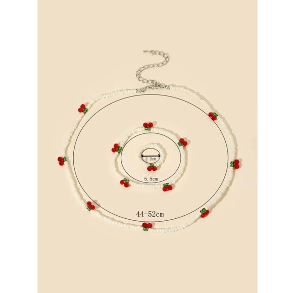 IVORY OFF WHITE 3 PIECE BEAD CHERRY DECOR RING NECKLACE & BRACELET JEWELRY SET - Picture 4 of 4